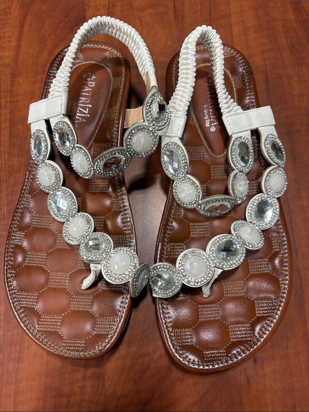 Embellished White T-Strap Sandals with Elastic Back